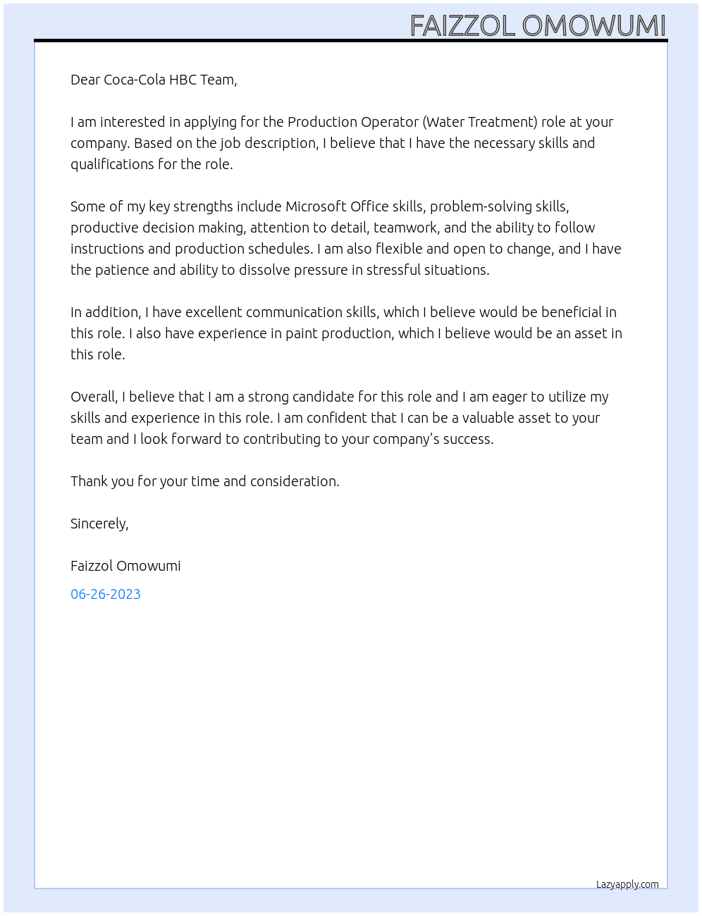 PRODUCTION OPERATOR (WATER TREATMENT) At Coca-Cola HBC Cover Letter