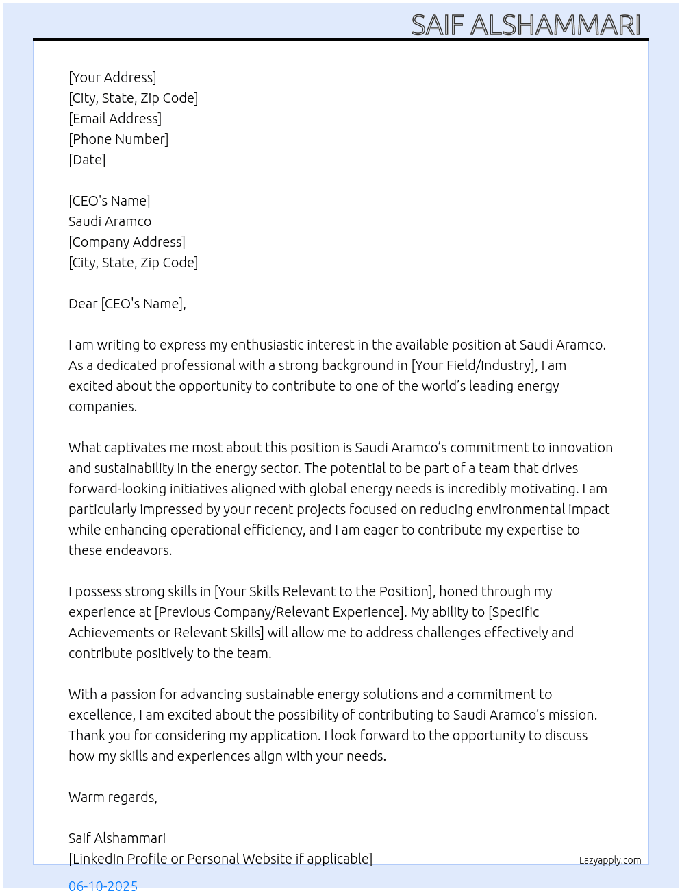 Cover letter for aramco jobs - LazyApply
