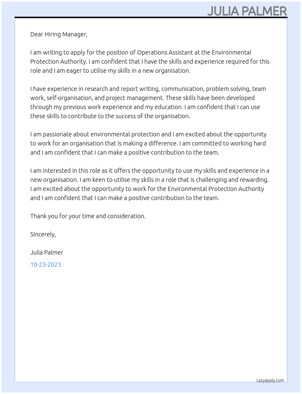 Operations Assistant At Environmental Protection Authority Cover Letter