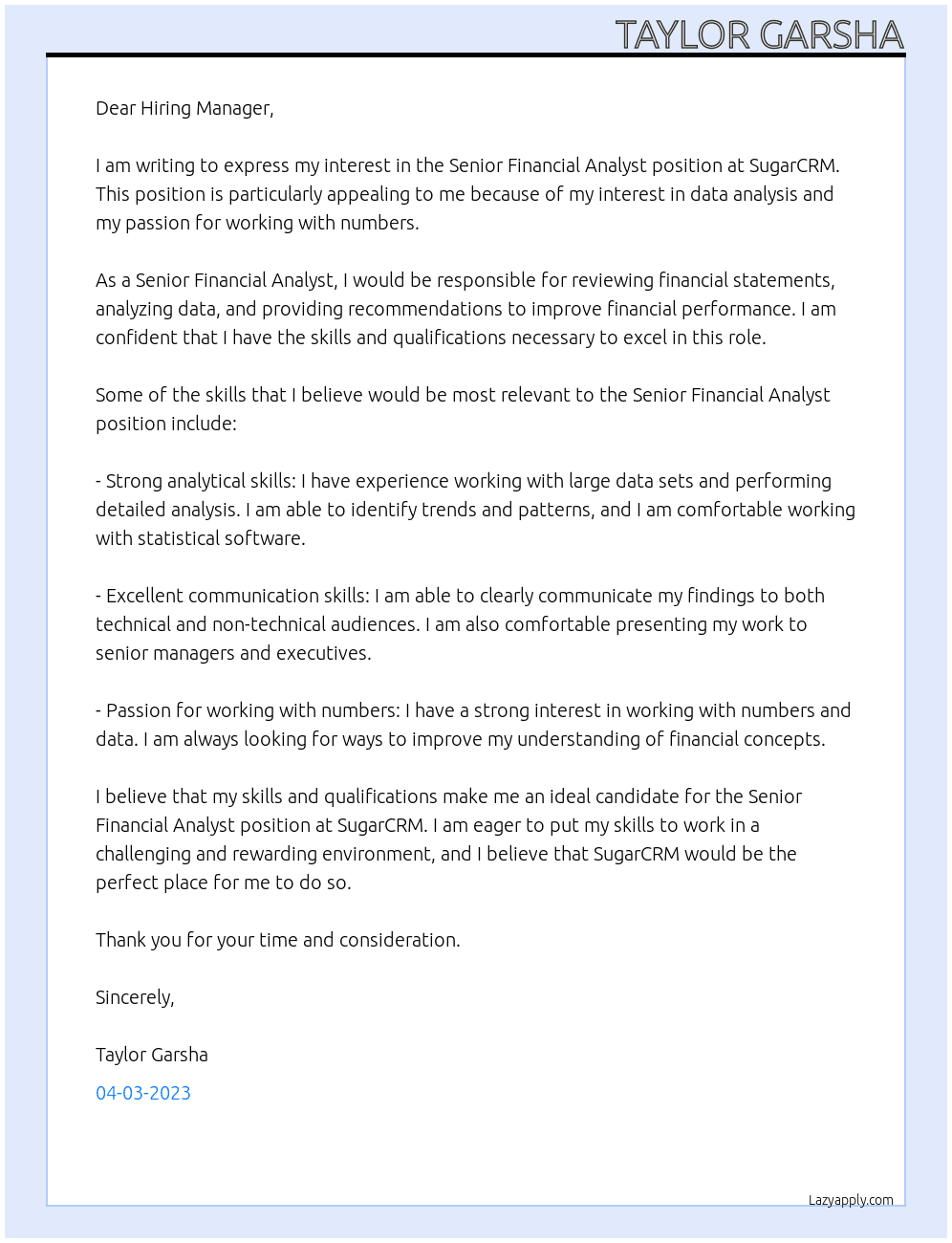 Senior Financial Analyst At SugarCRM Cover Letter