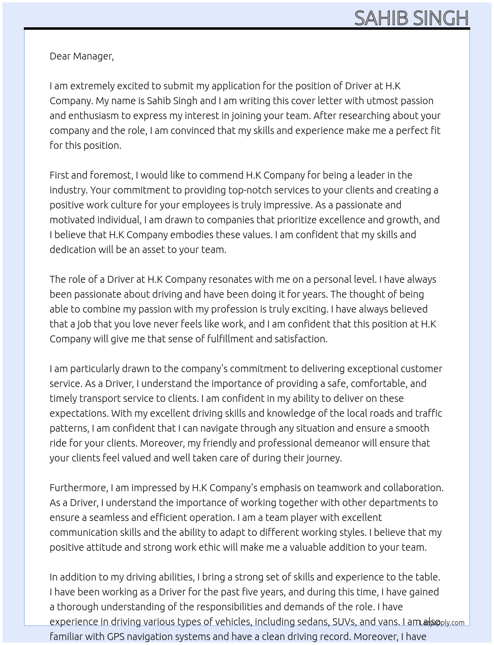 Driver  At H.k company  Cover Letter