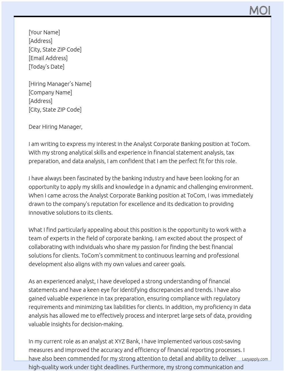analyst corporate banking At ToCom Cover Letter