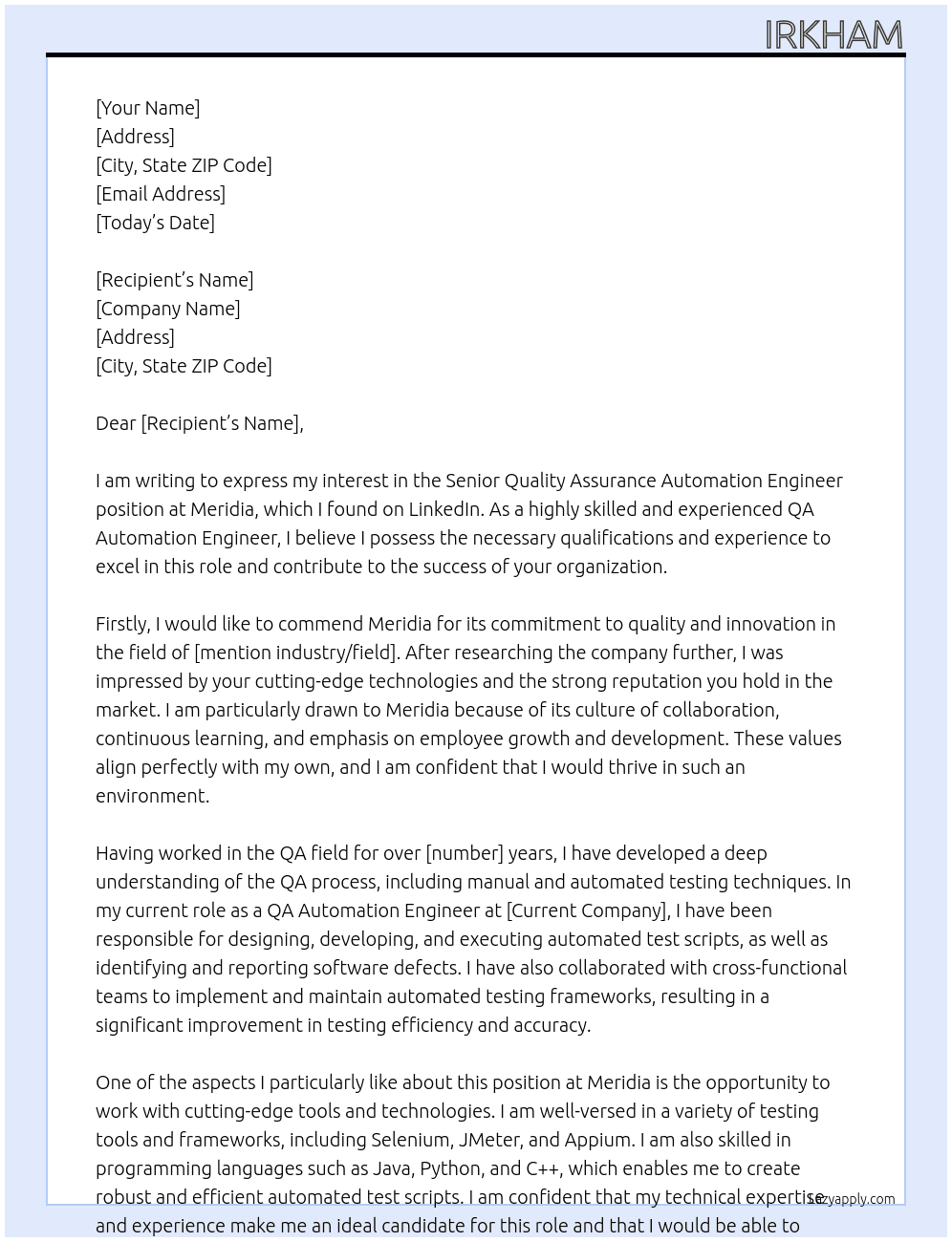 Senior Quality Assurance Automation Engineer At Meridia Cover Letter