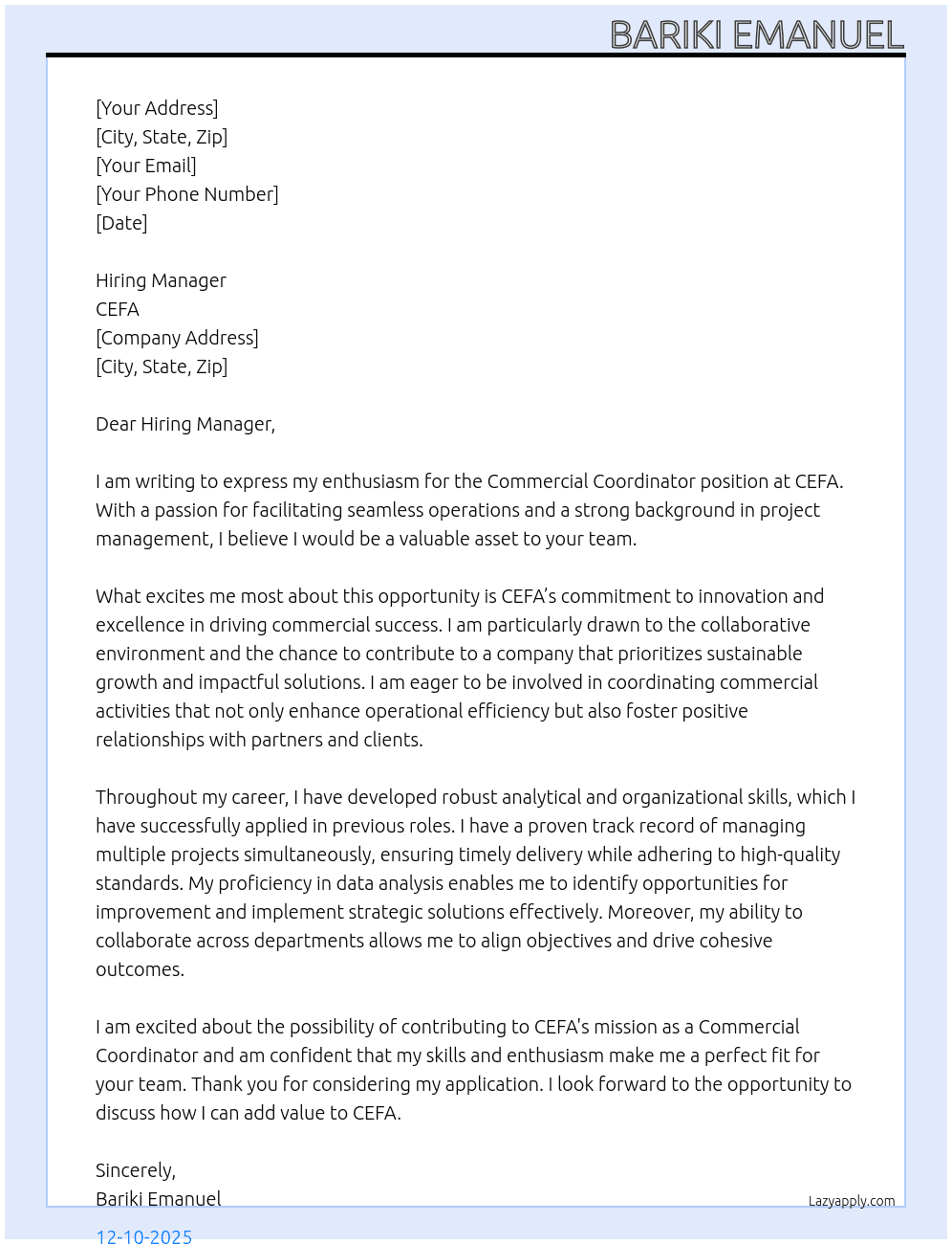 Commercial coordinator  At CEFA Cover Letter
