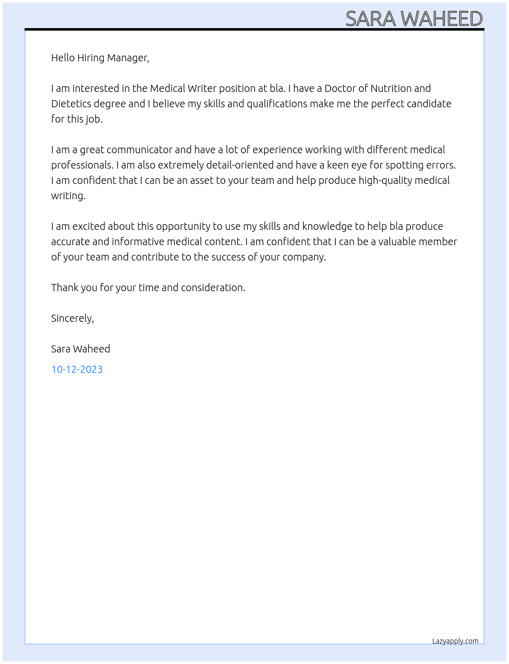 Medical Writer At bla Cover Letter