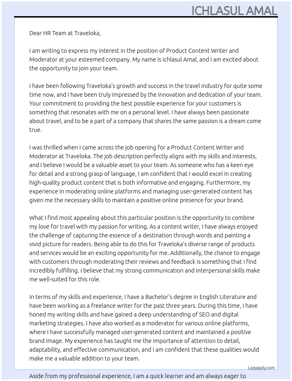 Product Content Writer and Moderator At Traveloka Cover Letter