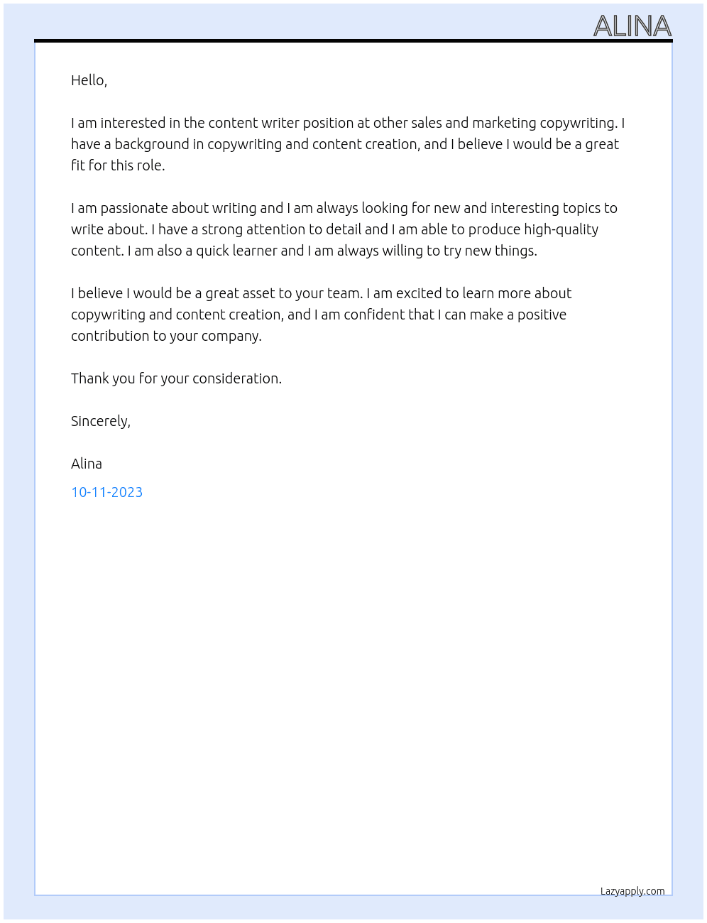 content writer At other sales and marketing copywriting Cover Letter