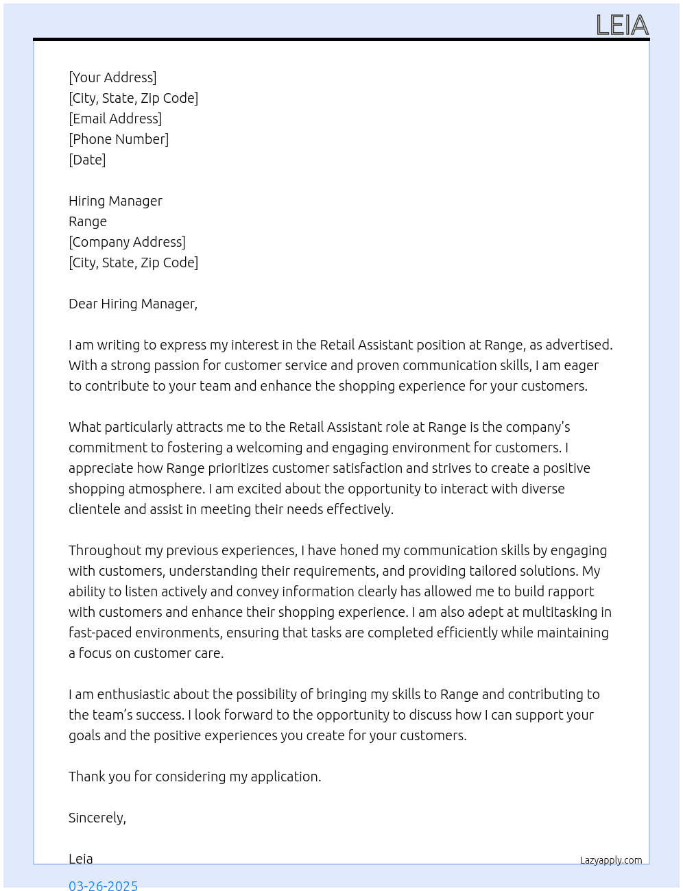 Retail assistant  At Range Cover Letter