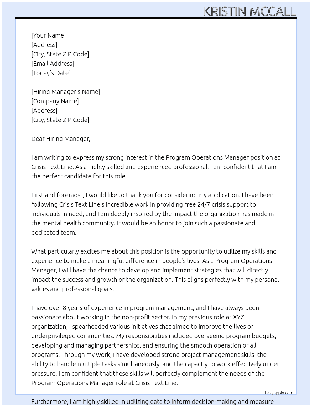 Program Operations Manager At Crisis Text Line  Cover Letter