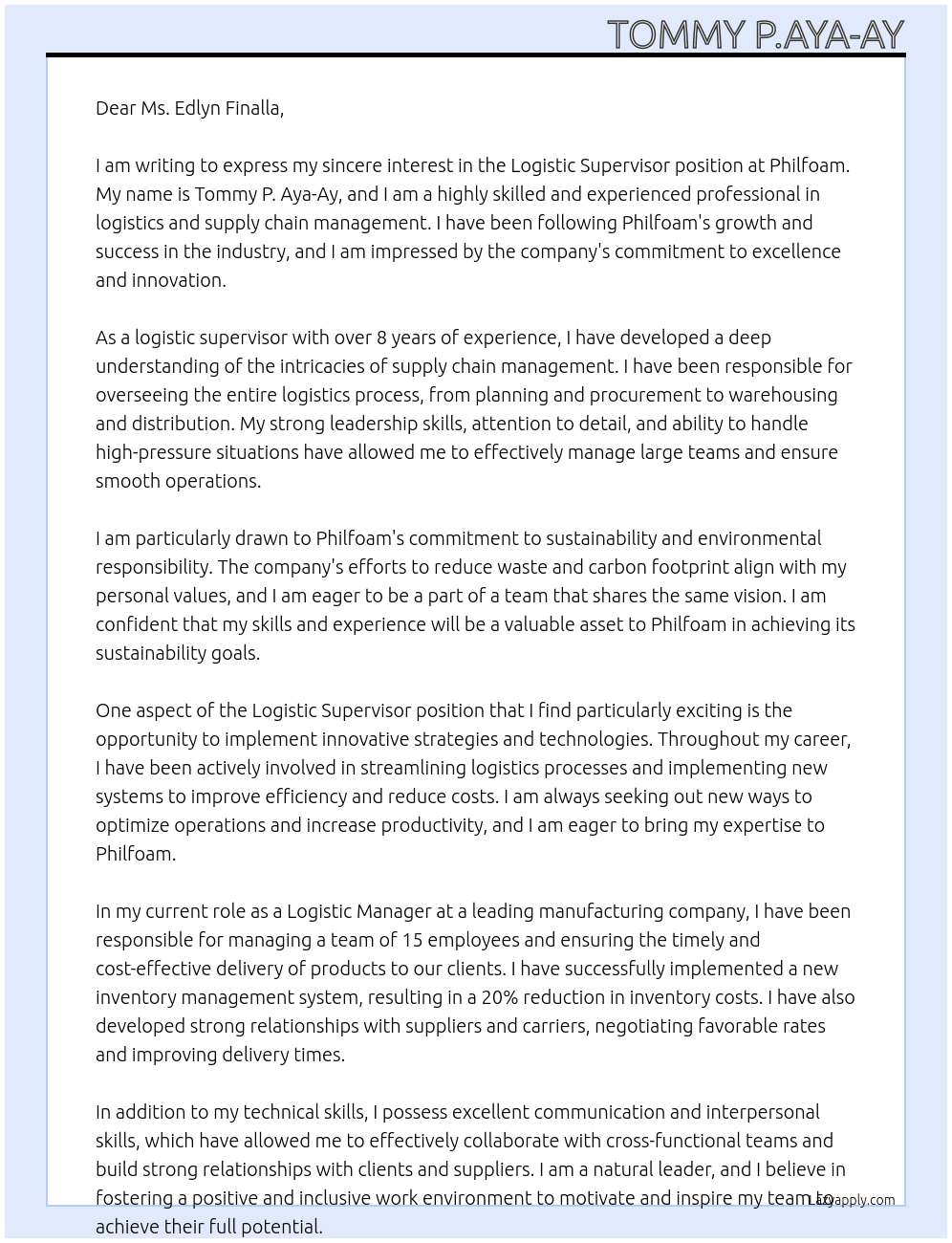 logistic supervisor At philfoam Cover Letter