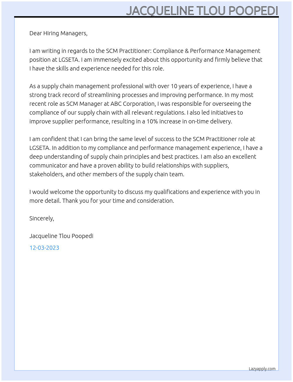 SCM PRACTITIONER: COMPLIANCE & PERFORMANCE MANAGEMENT  At LGSETA  Cover Letter