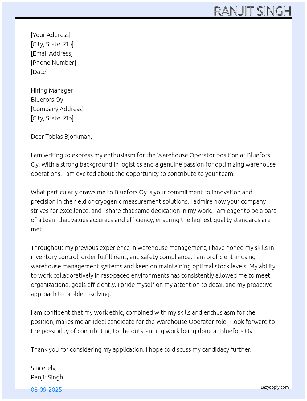 Warehouse Operator At Bluefors Oy Cover Letter