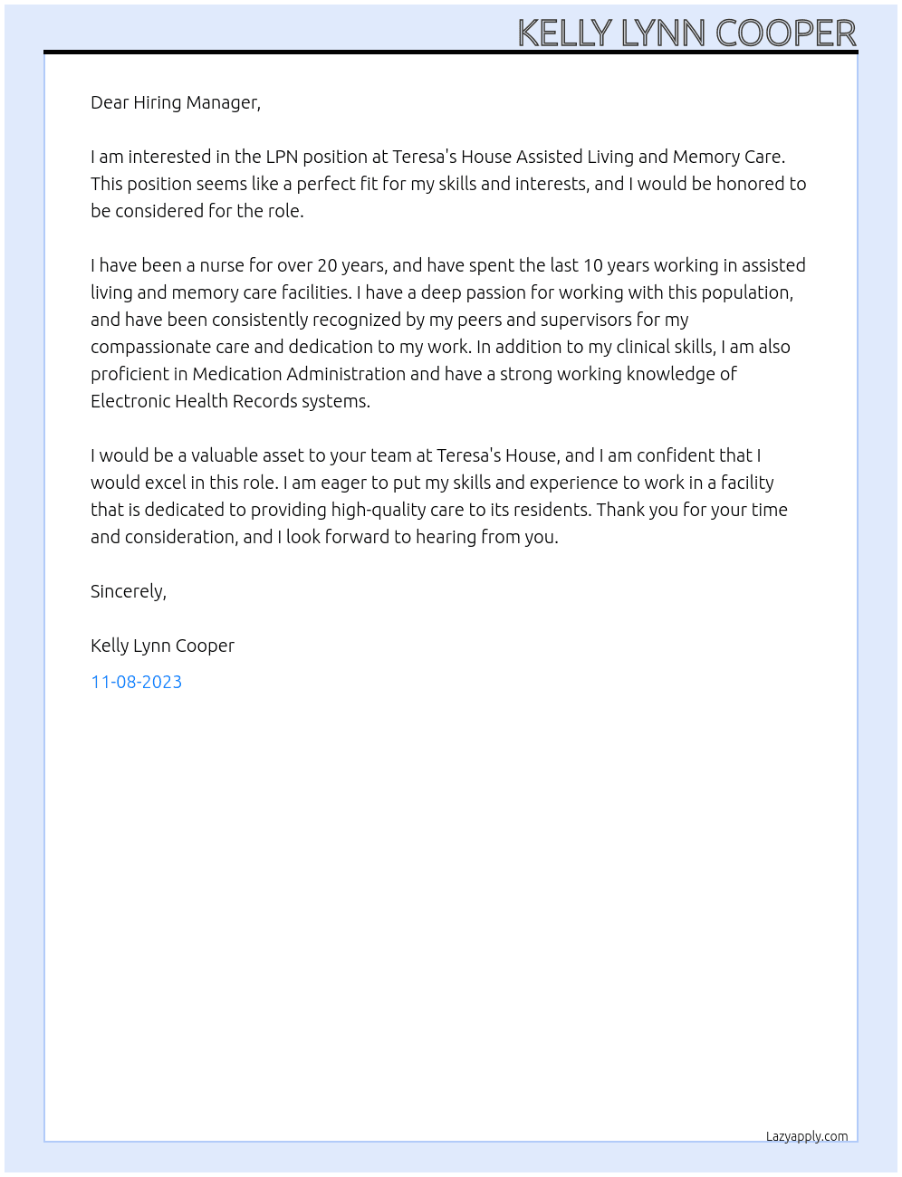 LPN At Teresa's House Assisted Living and Memory Care Cover Letter