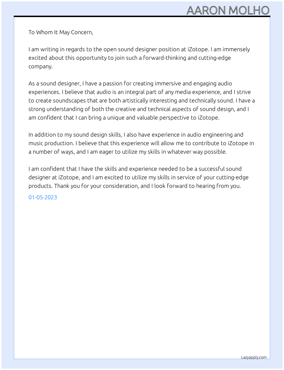 Sound Designer At iZotope Cover Letter