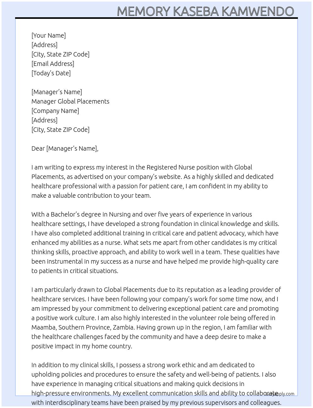Registered nurse  At Global placement  Cover Letter