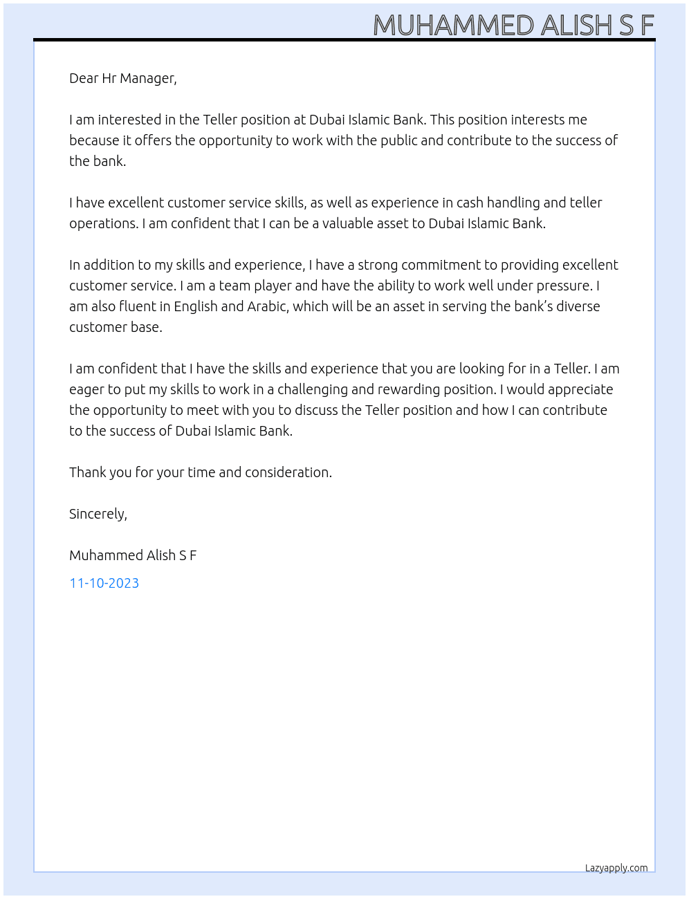 Teller  At Dubai Islamic Bank  Cover Letter