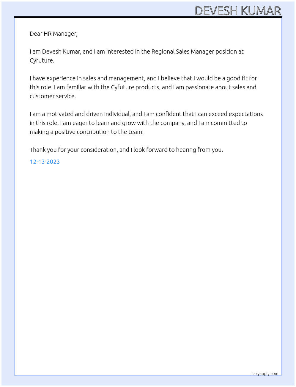 Regional Sales Manager At Cyfuture Cover Letter