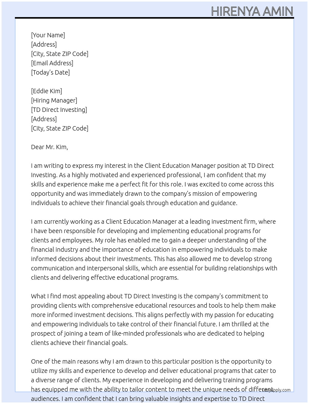 Client Education Manager At TD Direct Investing Cover Letter