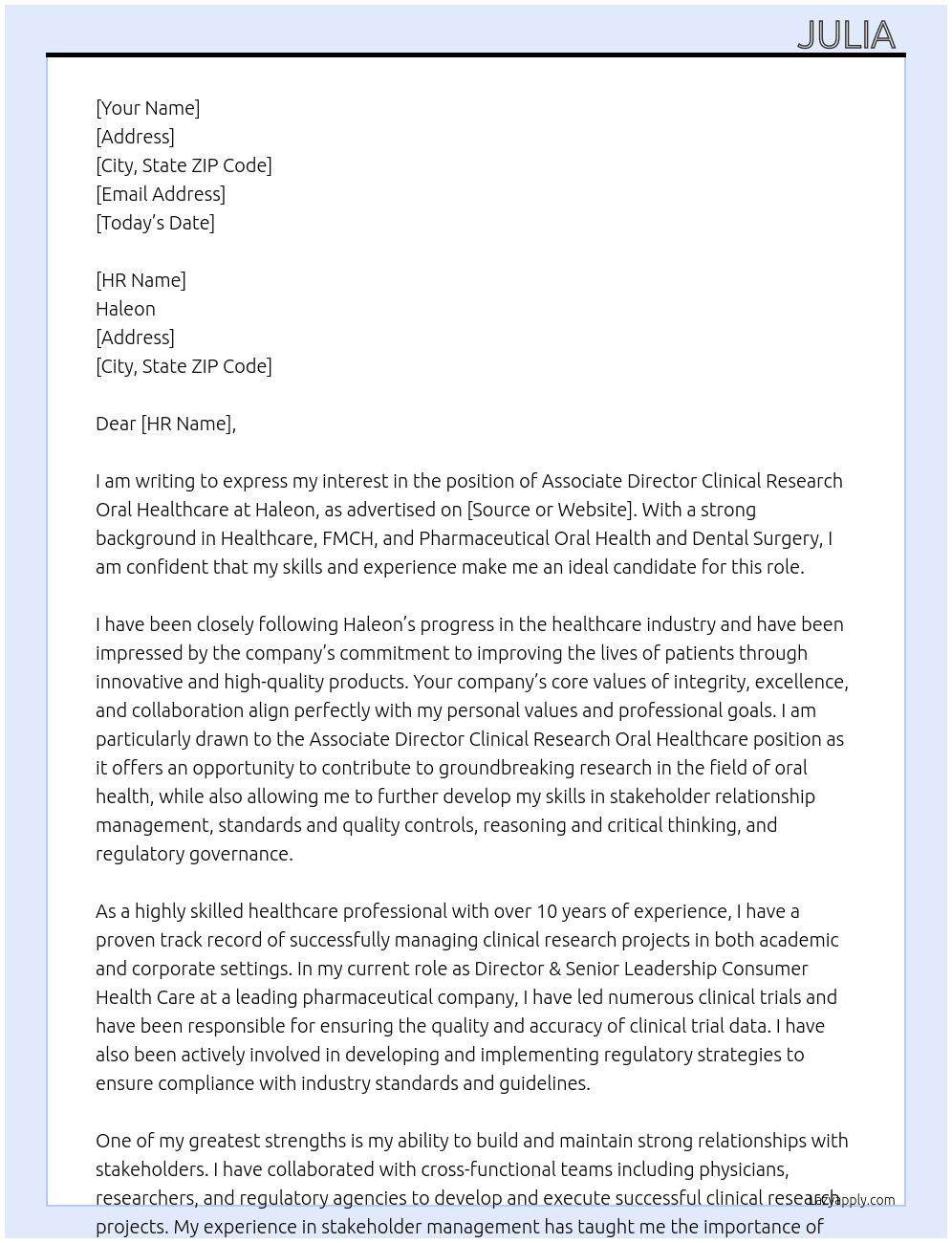 Associate Director Clinical Research Oral Healthcare At Haleon Cover Letter