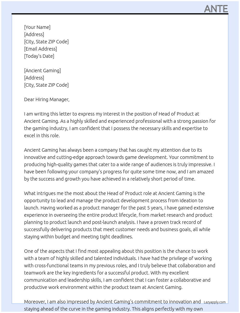 Head of Produc At Ancient Gaming Cover Letter