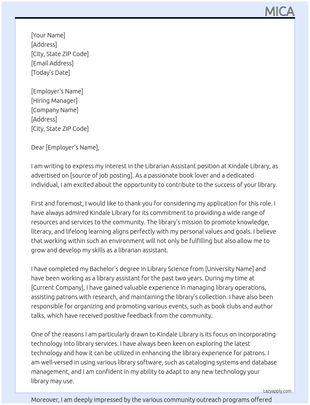 Librarian Assistant At Kindale Library Cover Letter