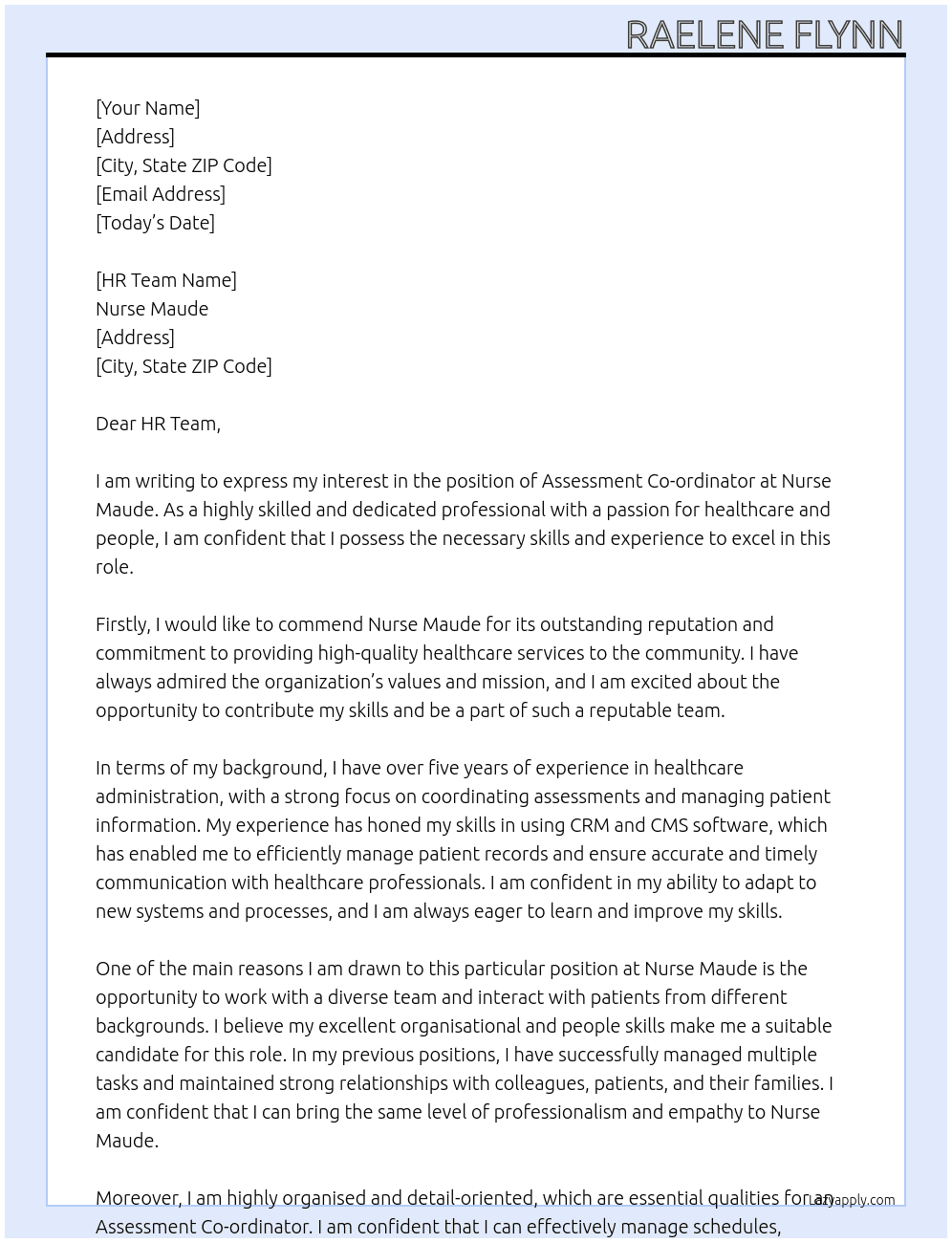Assessment Co-ordinator At Nurse Maude Cover Letter