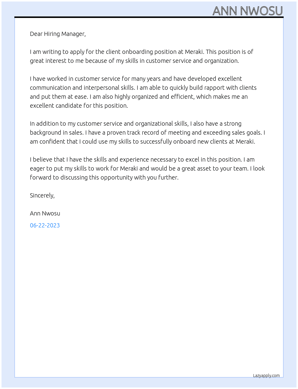 client onboarding At Meraki Cover Letter