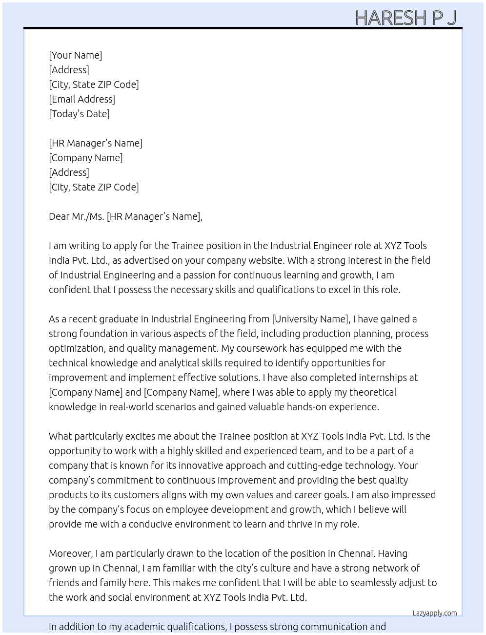 Trainee At XYZ Tools India Pvt. Ltd. Cover Letter