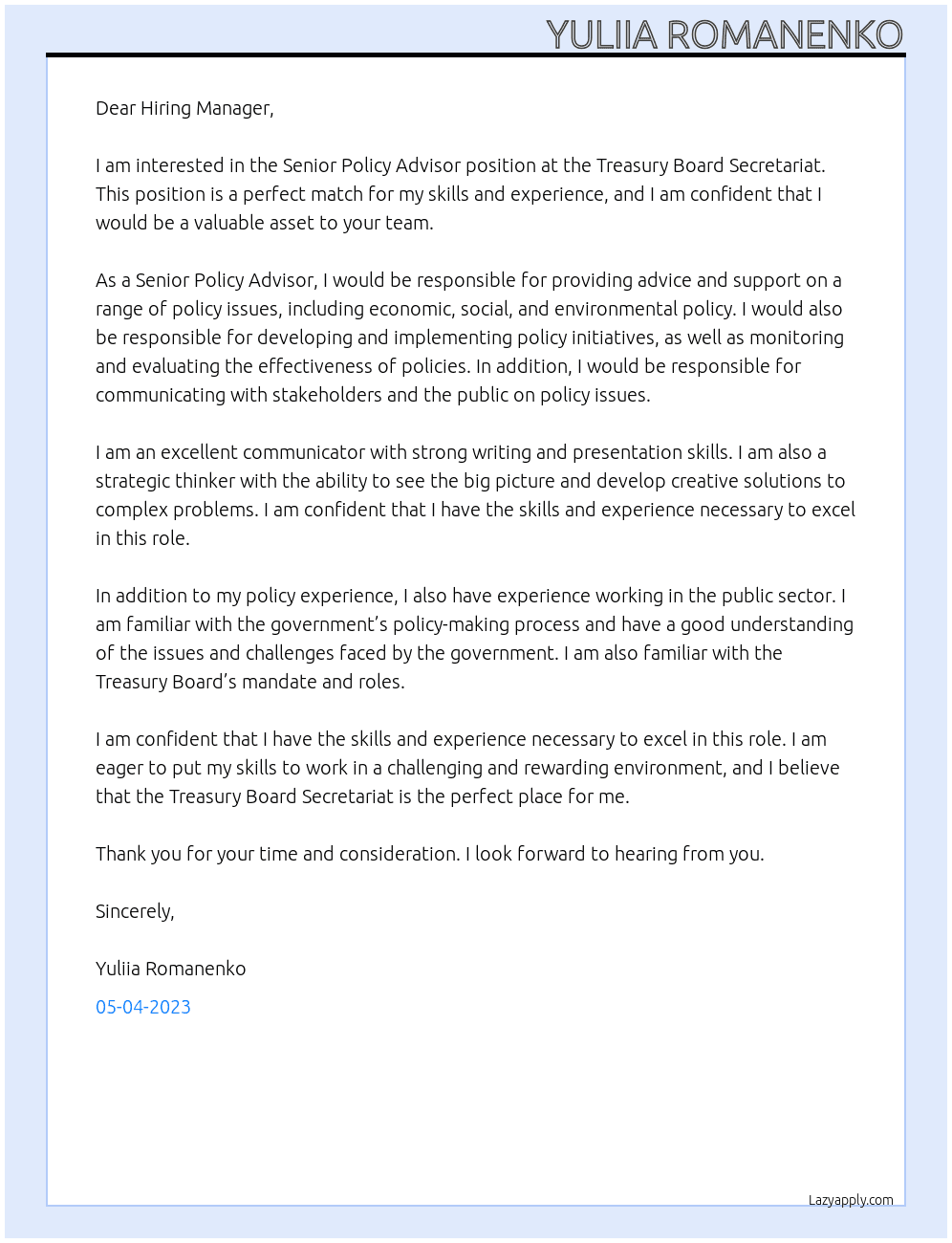 Senior Policy Advisor  At Tresury Board Secretary  Cover Letter