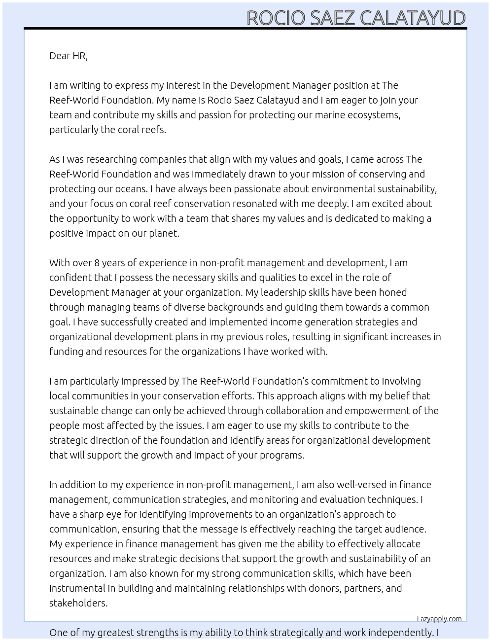 Development Manager At The Reef-World Foundation Cover Letter