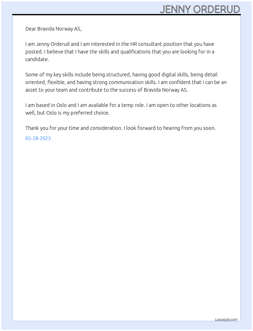 HR consultant At Bravida Norway AS Cover Letter