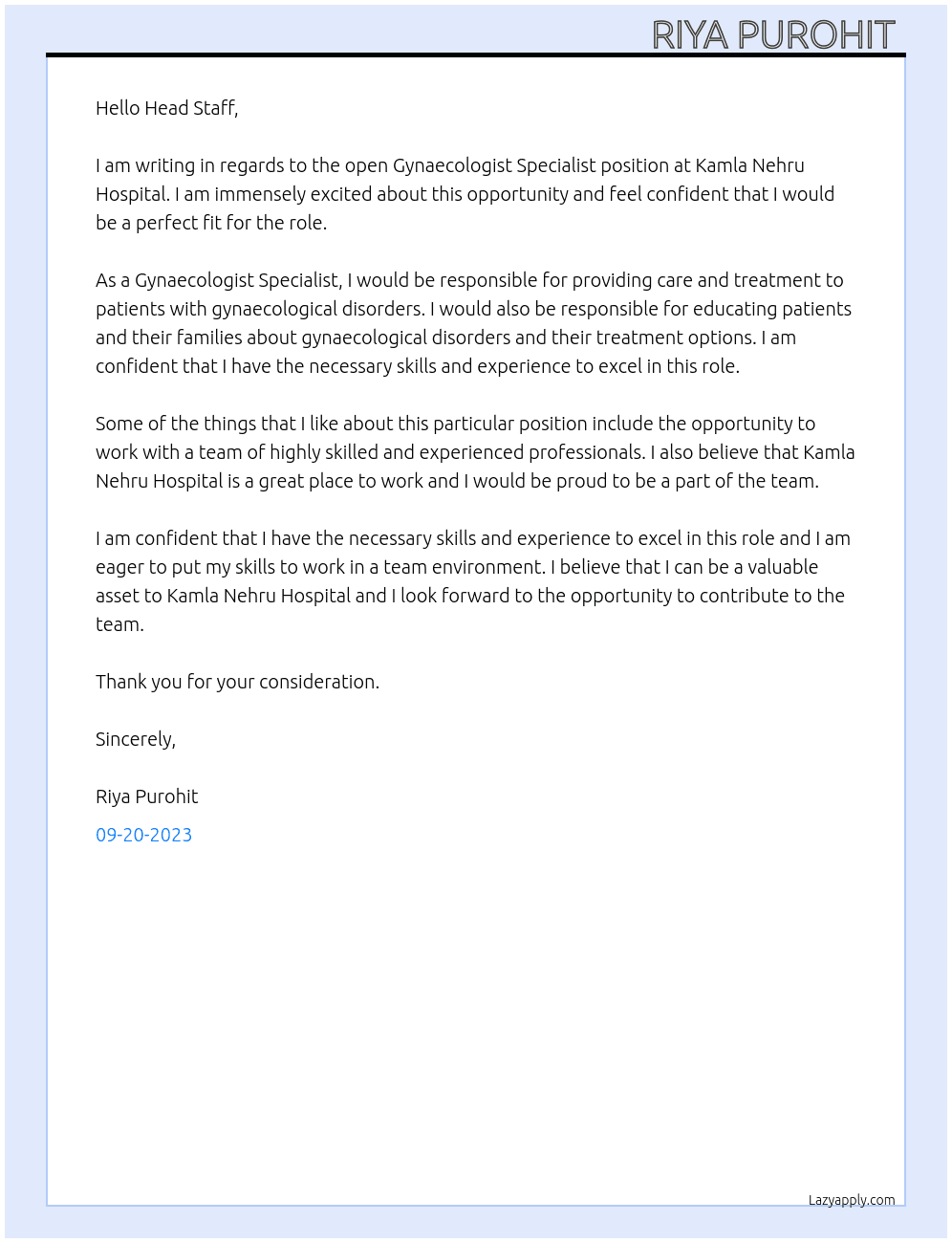 Gynaecologist Specialist At Kamla Nehru Hospital  Cover Letter