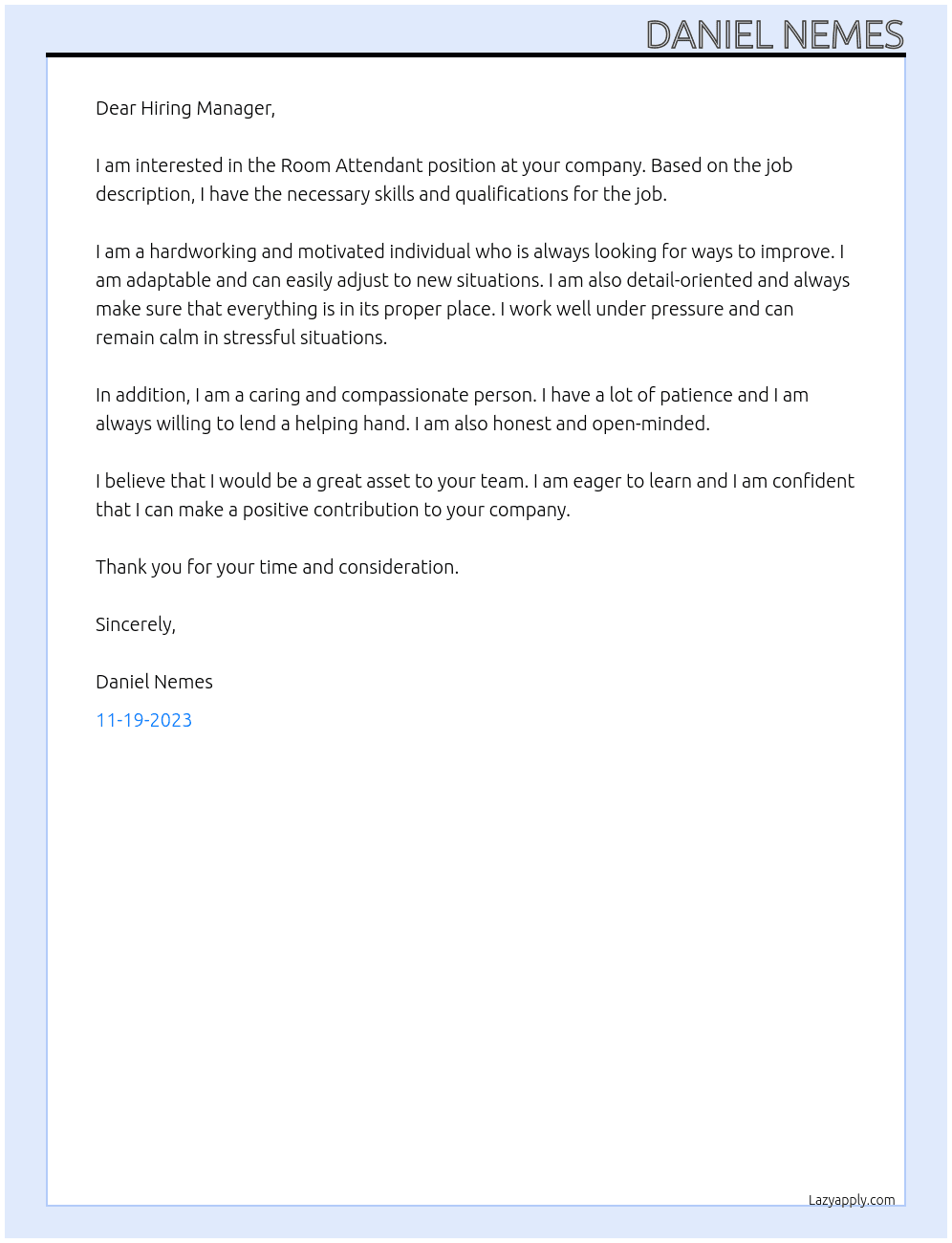 room attendant At Daniel Nemes Cover Letter