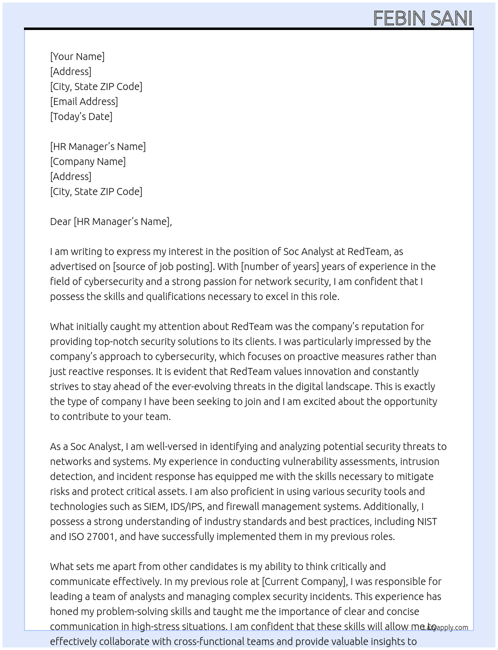Soc Analyst At RedTeam Cover Letter
