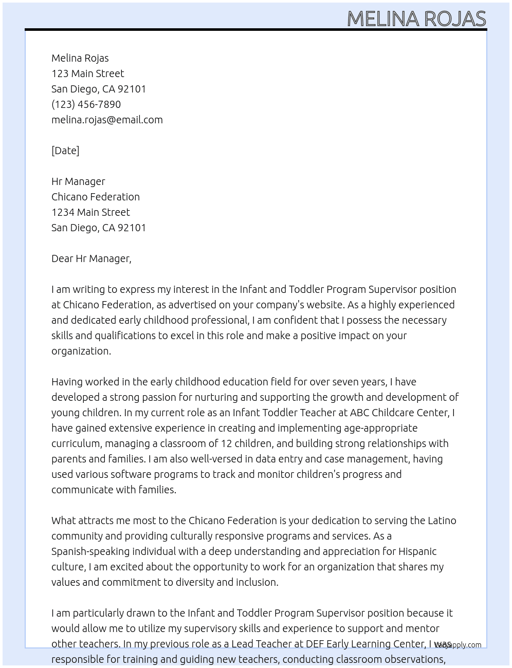 Infant and Toddler Program Supervisor  At Chicano Federation  Cover Letter