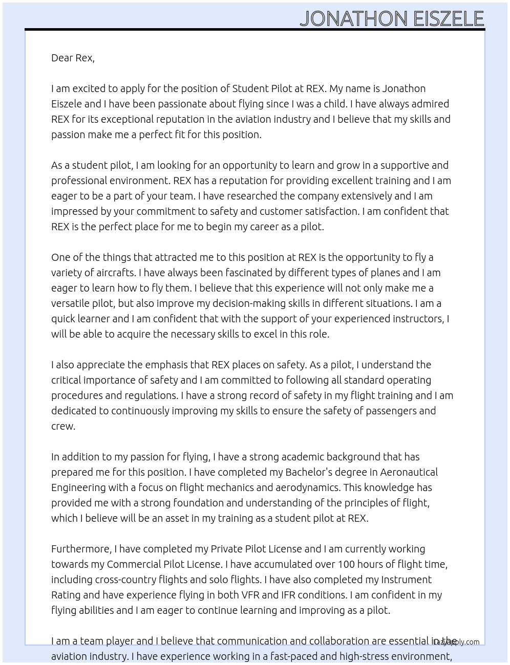Student Pilot At REX Cover Letter