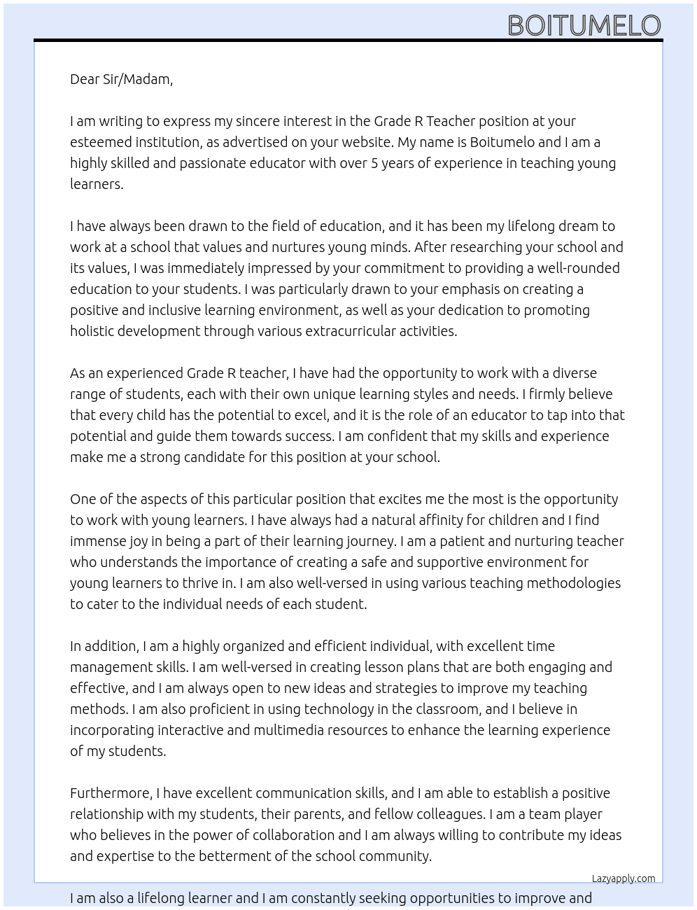 grade r teacher At school Cover Letter
