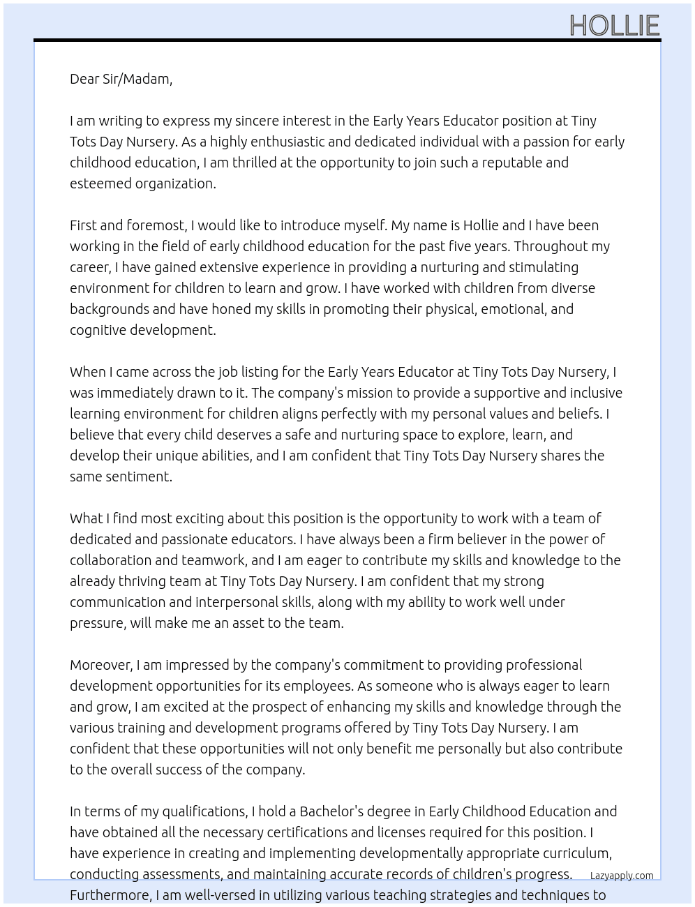 Early years educator At Tiny Tots Day Nursery Cover Letter
