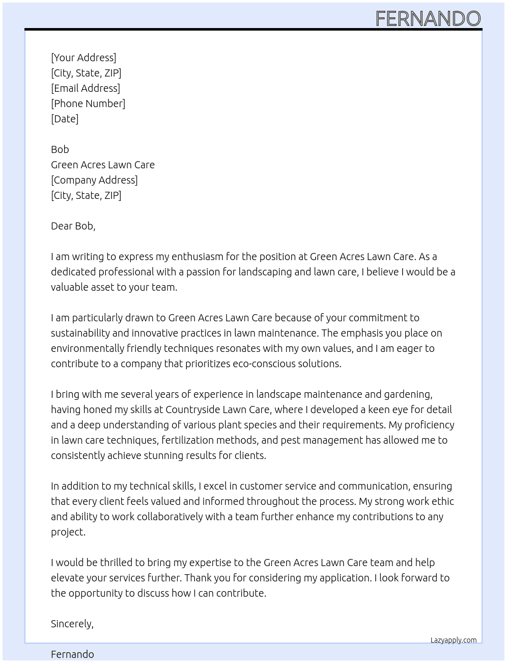 Green acres lawn care At Countryside lawn care Cover Letter