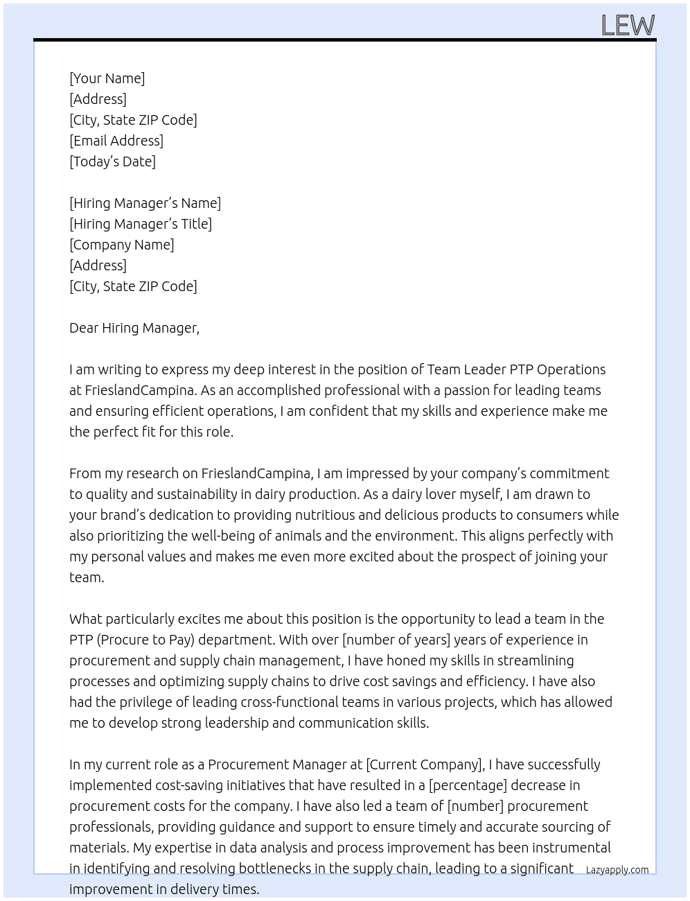 Team Leader PTP Operations At FrieslandCampina Cover Letter