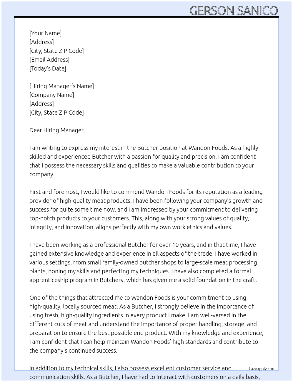  BUTCHER At WANDON FOODS Cover Letter