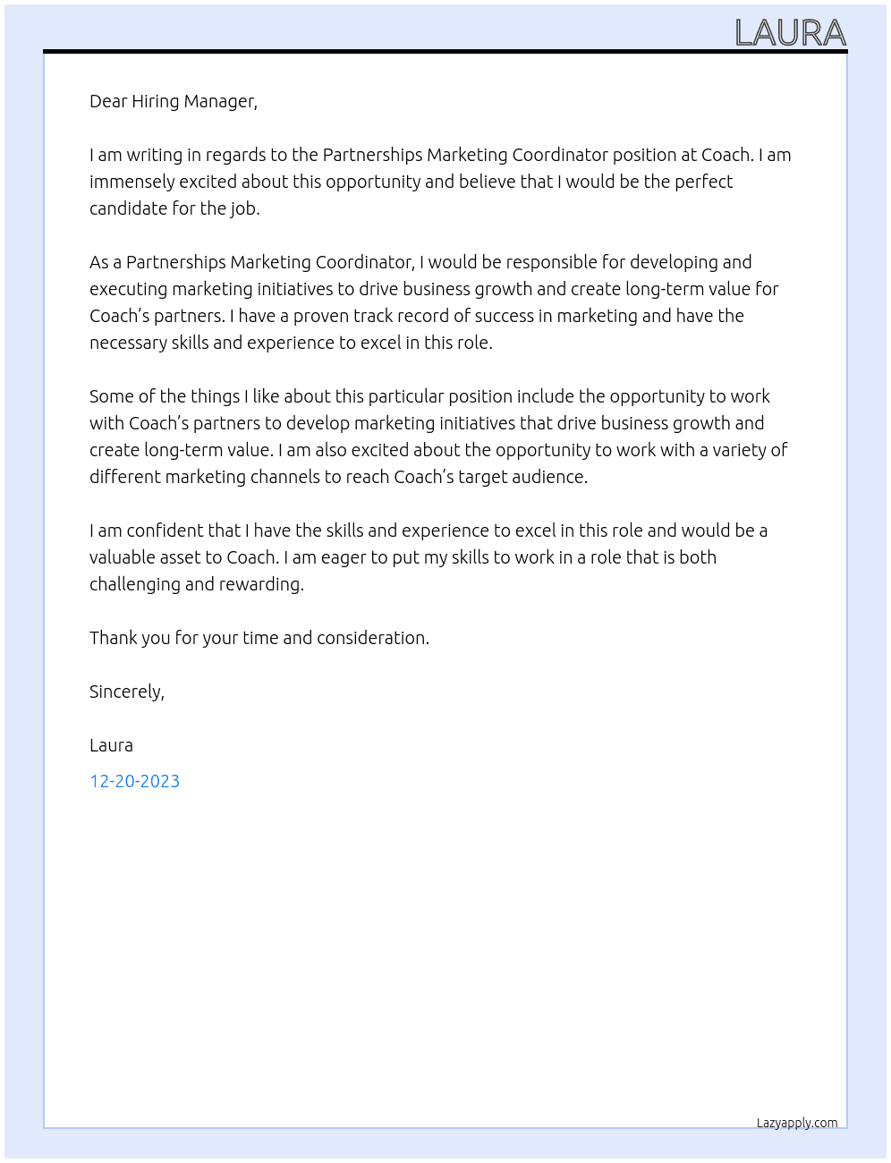 Partnerships Marketing Coordinator  At Coach Cover Letter