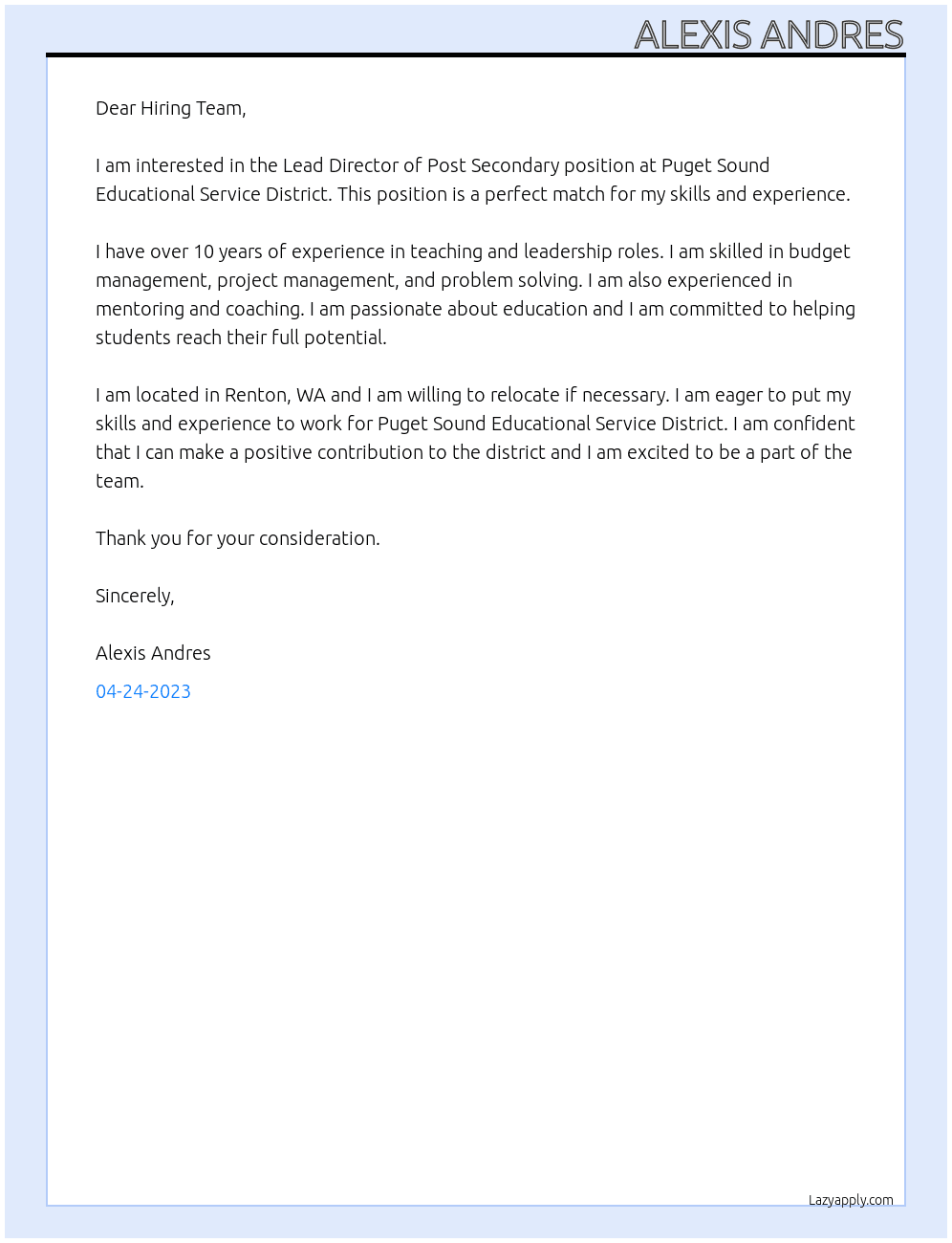 Lead director of Post Secondary  At Puget Sound Educational  Service District  Cover Letter