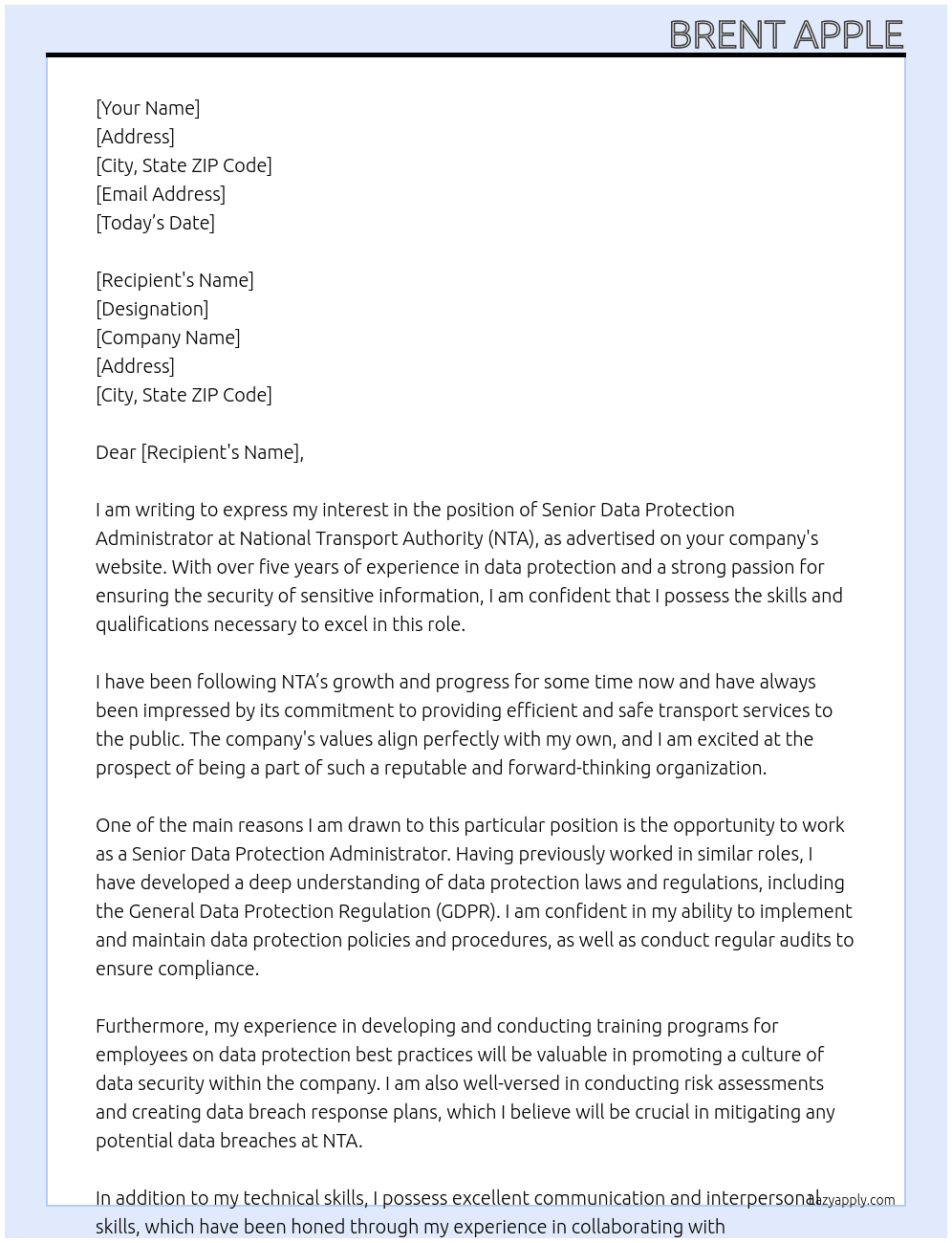 Senior Data Protection Administrator At National Transport Authority Cover Letter