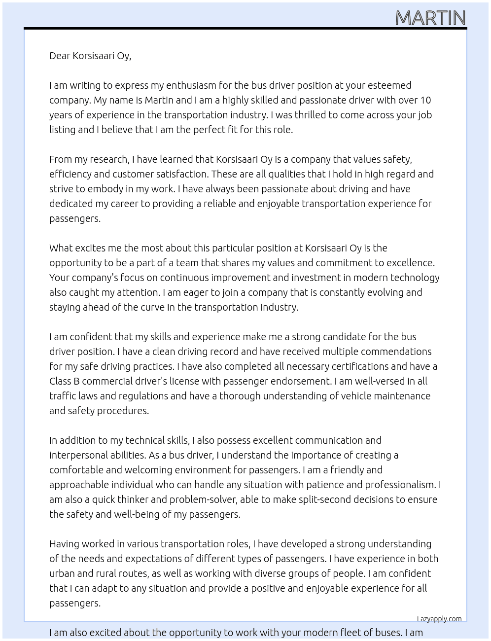 bus driver At Korsisaari Cover Letter