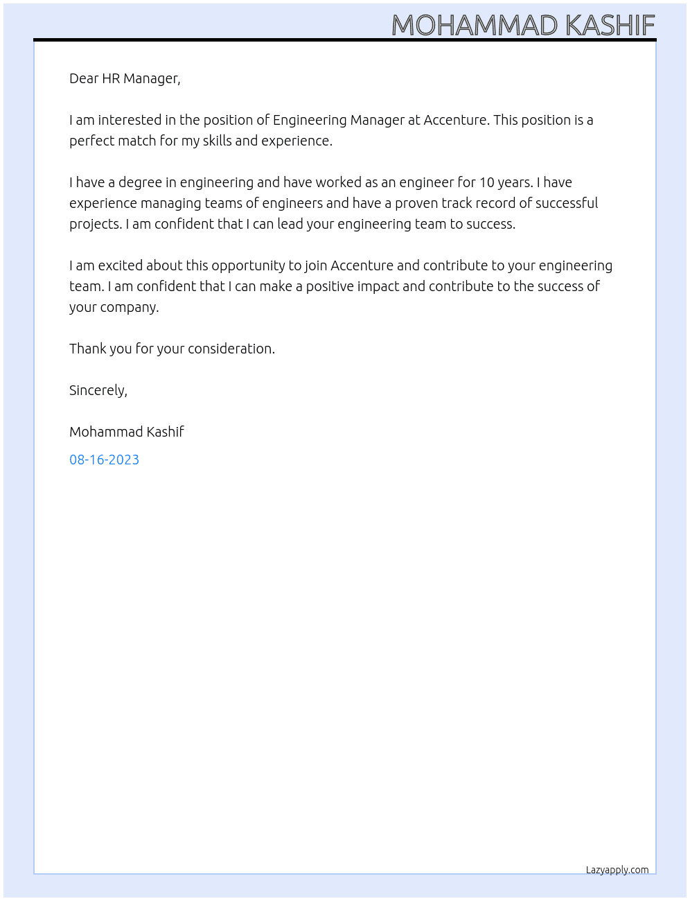 Engineering Manager At Accenture Cover Letter