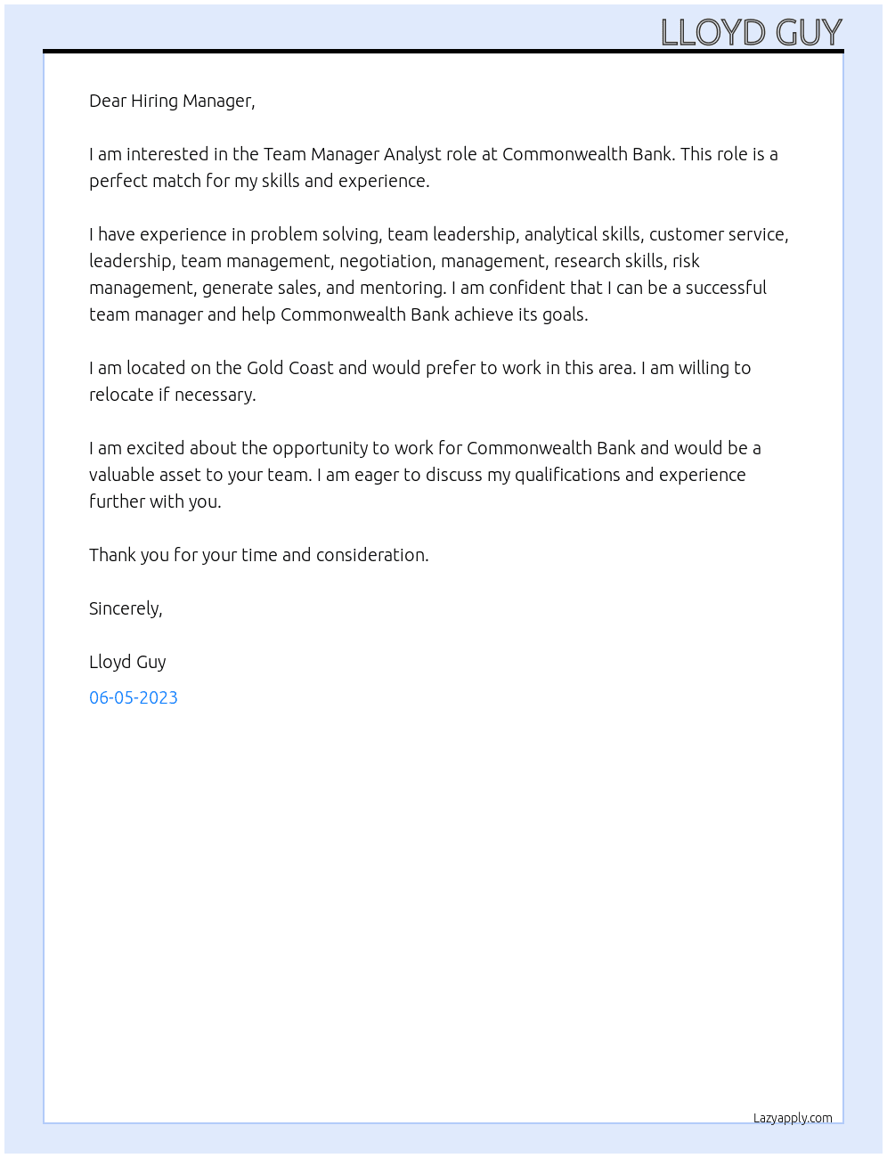 Team Manager Analysts At Commonwealth Bank Cover Letter