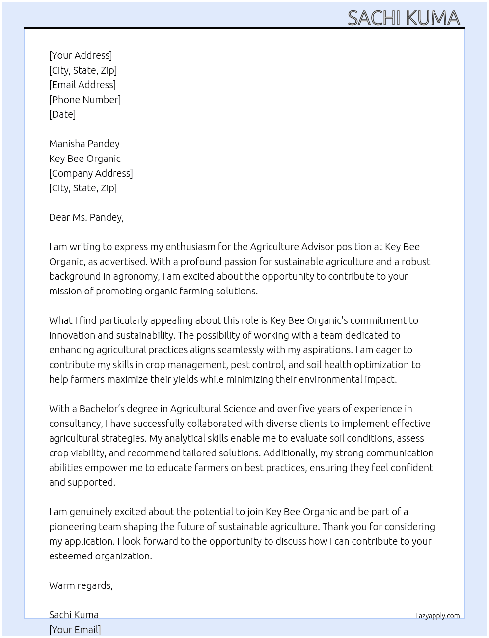 Cover letter for agriculture advisor - LazyApply