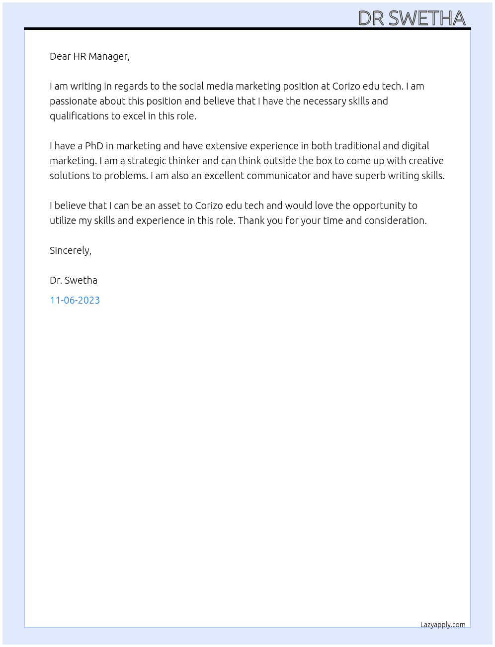 Social media marketing  At Corizo edu tech  Cover Letter