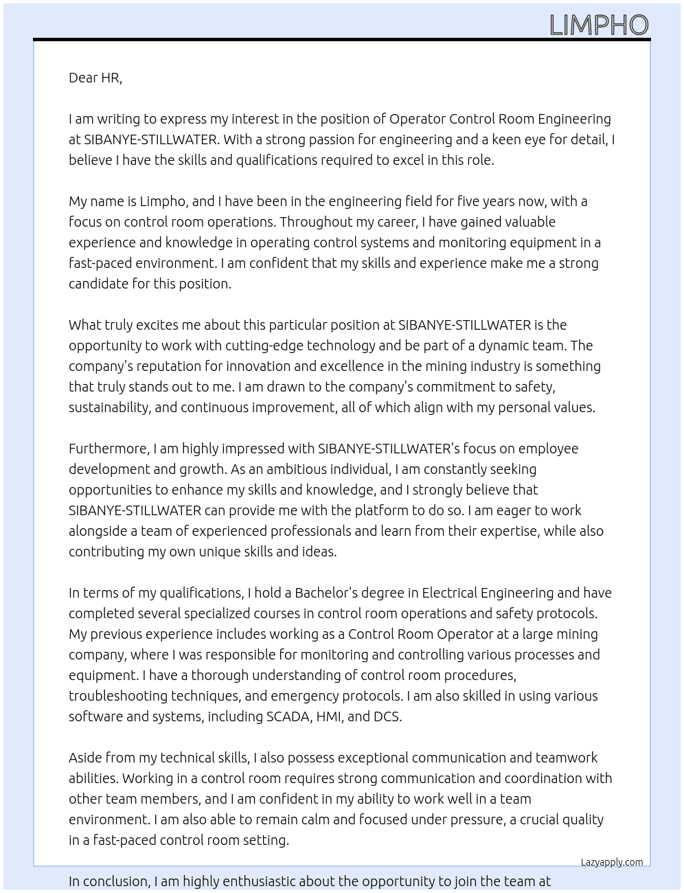 Cover letter for operator control room engineering sf - LazyApply